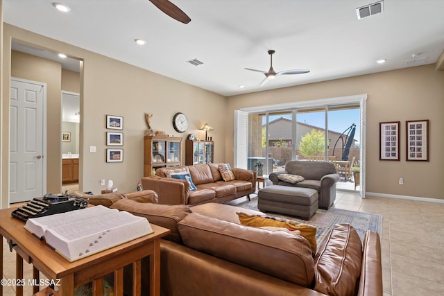 living area with recessed lighting, visible vents, ceiling fan, and light tile patterned flooring