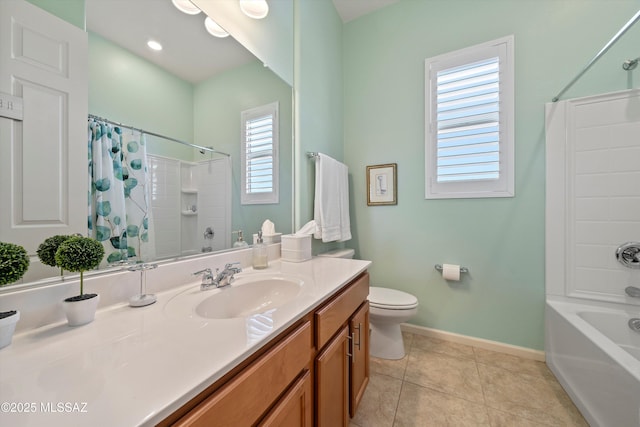 full bath featuring baseboards, toilet, tile patterned floors, vanity, and shower / bath combination with curtain
