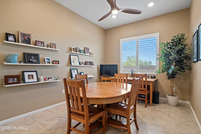 dining area featuring baseboards, recessed lighting, tile patterned flooring, and a ceiling fan