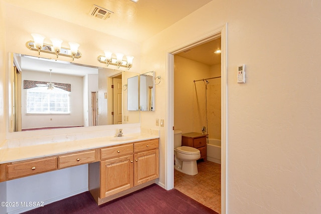 bathroom with shower / bath combination, visible vents, a ceiling fan, toilet, and vanity