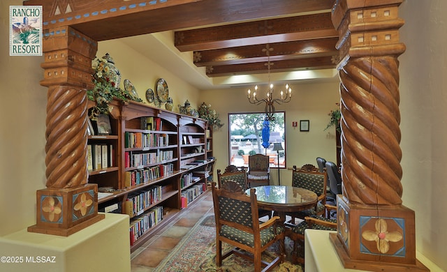 dining space featuring an inviting chandelier, tile patterned flooring, and beam ceiling