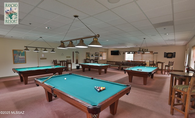 playroom featuring carpet floors, a drop ceiling, and billiards
