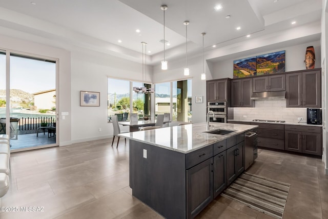 kitchen with decorative backsplash, light stone countertops, stainless steel appliances, under cabinet range hood, and a sink