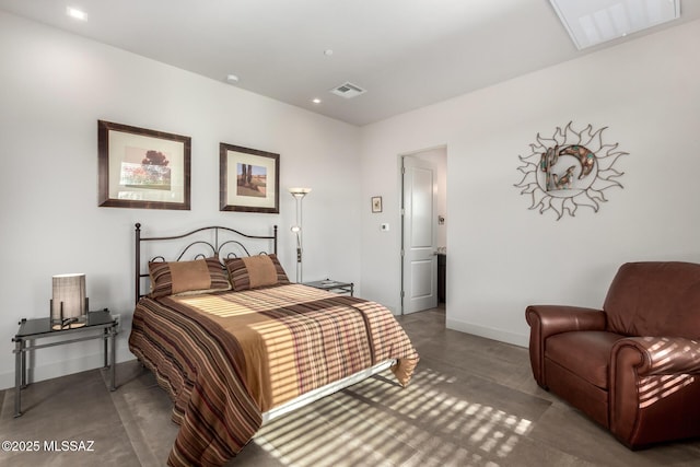 bedroom featuring concrete floors, recessed lighting, visible vents, and baseboards