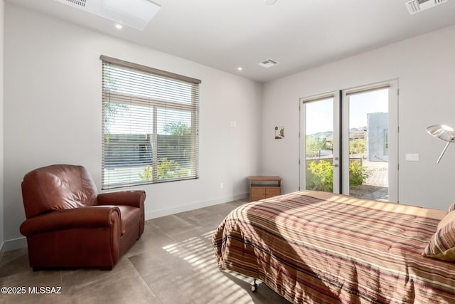 bedroom featuring access to outside, visible vents, baseboards, and recessed lighting