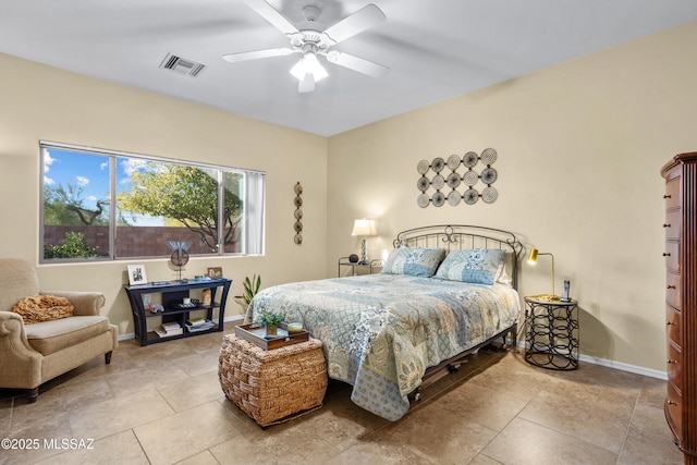 bedroom featuring a ceiling fan, visible vents, and baseboards