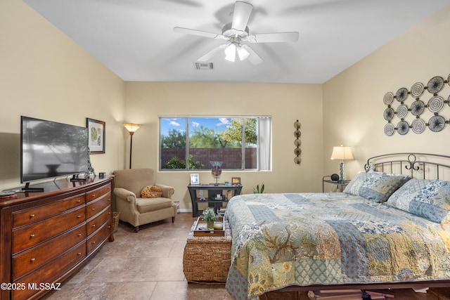 bedroom with ceiling fan and visible vents