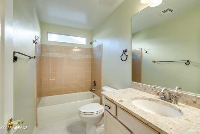 bathroom with toilet, bathtub / shower combination, visible vents, and tile patterned floors