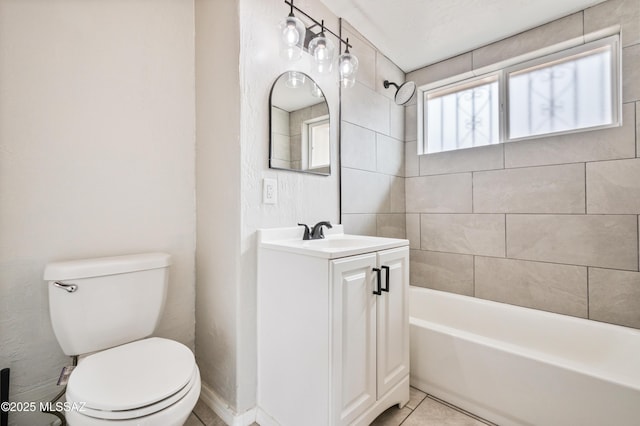 full bathroom with bathing tub / shower combination, toilet, tile patterned flooring, and vanity