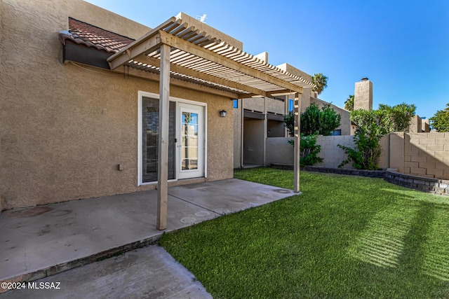 view of yard with a patio area, fence, and a pergola