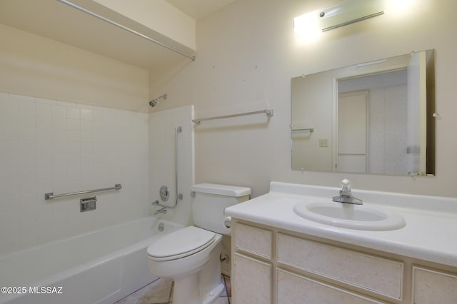 full bath featuring shower / bathing tub combination, vanity, toilet, and tile patterned floors