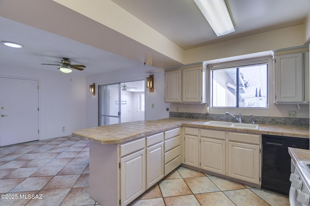 kitchen with stove, a ceiling fan, a sink, dishwasher, and a peninsula