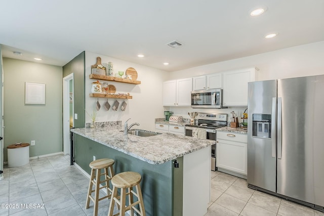 kitchen with visible vents, white cabinets, appliances with stainless steel finishes, open shelves, and a sink