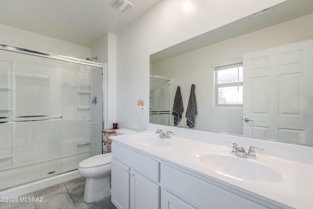 full bathroom with a stall shower, a sink, visible vents, and tile patterned floors