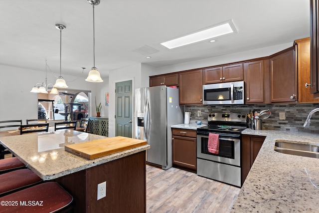 kitchen featuring light stone counters, a breakfast bar area, a sink, stainless steel appliances, and backsplash