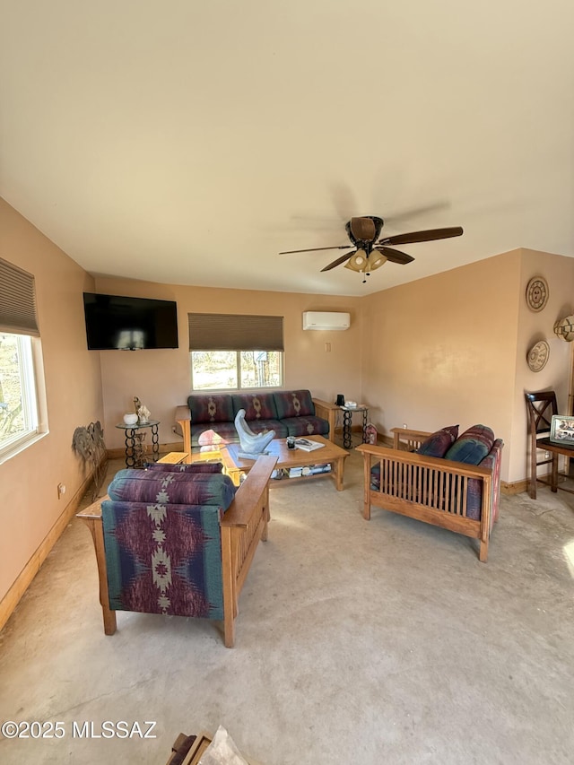 living room featuring carpet, baseboards, and a wall mounted air conditioner