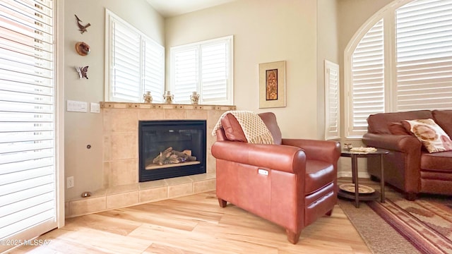 living room with a tiled fireplace and wood finished floors