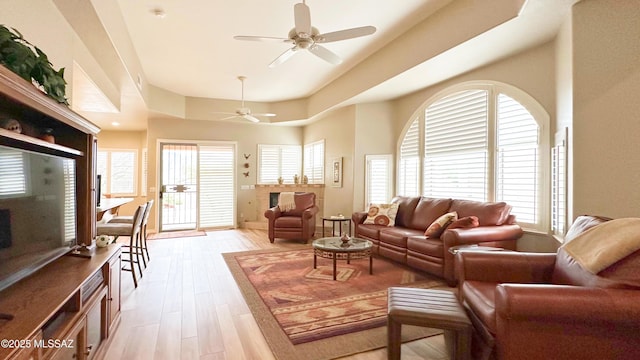 living room with a ceiling fan and light wood-type flooring