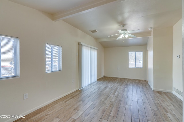 spare room featuring light wood-style floors, visible vents, vaulted ceiling with beams, and baseboards