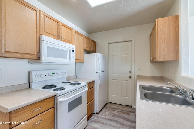 kitchen with white appliances, light wood finished floors, a sink, and light countertops