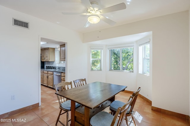 dining area featuring light tile patterned floors, a ceiling fan, visible vents, and baseboards