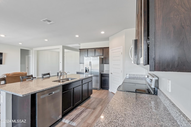 kitchen with visible vents, an island with sink, stainless steel appliances, light wood-style floors, and a sink