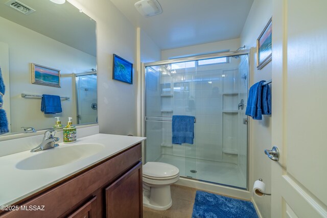 full bath with visible vents, a shower stall, toilet, and tile patterned floors