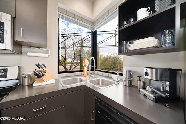 kitchen featuring stainless steel microwave, black dishwasher, open shelves, and a sink