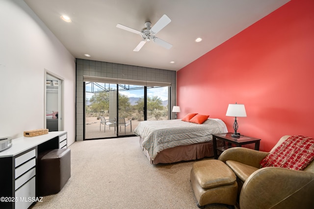 bedroom featuring carpet floors, recessed lighting, ceiling fan, and access to outside