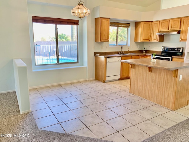 kitchen with a breakfast bar area, white dishwasher, a sink, stainless steel range with electric stovetop, and under cabinet range hood