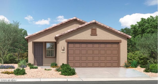 view of front of house featuring a garage, concrete driveway, a tile roof, and stucco siding