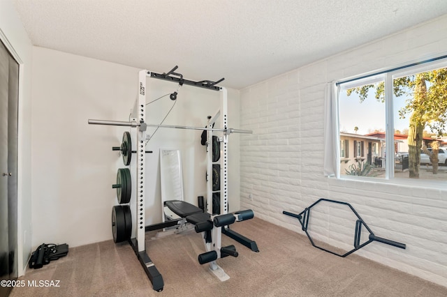 workout area with carpet floors and a textured ceiling