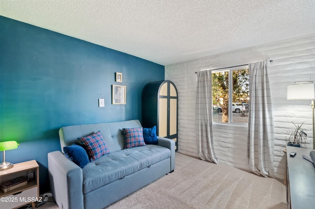 carpeted living area with a textured ceiling