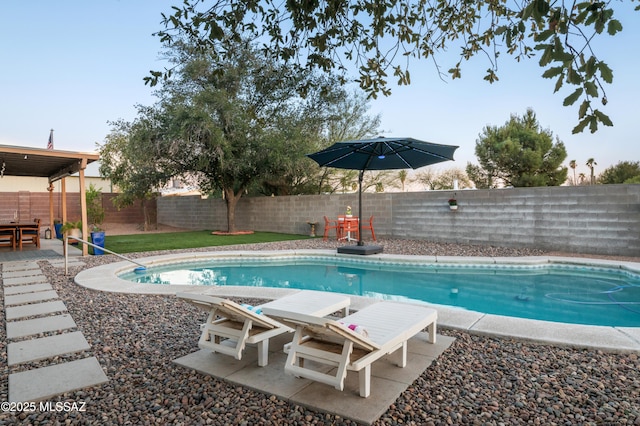 view of swimming pool featuring a fenced in pool, a fenced backyard, and a patio area