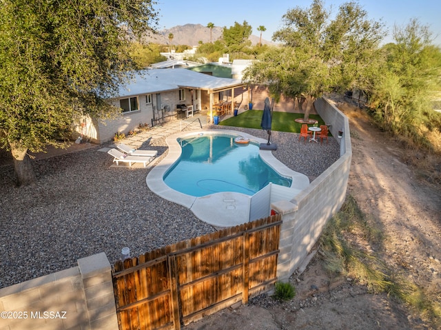 view of swimming pool with a yard, a patio area, a fenced in pool, and a fenced backyard