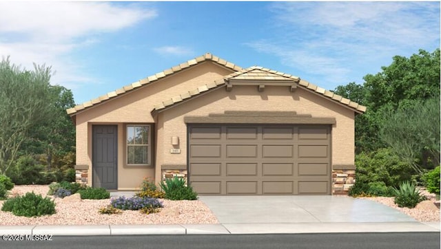 view of front of home featuring a garage, driveway, a tiled roof, and stucco siding