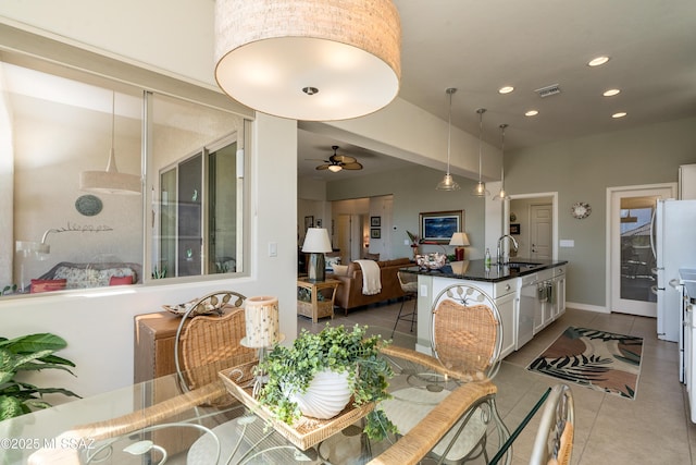 dining space with a ceiling fan, recessed lighting, visible vents, and tile patterned floors