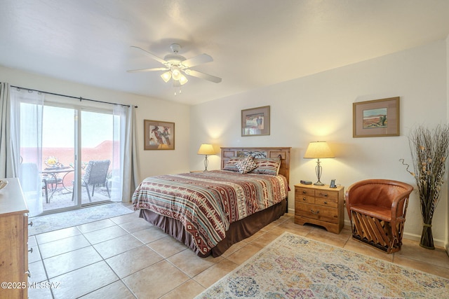 bedroom featuring access to exterior, ceiling fan, light tile patterned floors, and baseboards