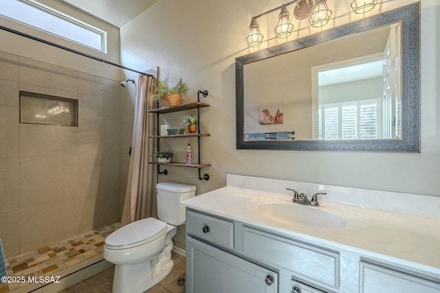 bathroom featuring a shower stall, vanity, and toilet