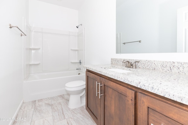 bathroom featuring toilet, shower / bathing tub combination, and vanity
