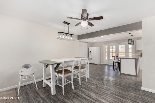 dining room featuring ceiling fan, recessed lighting, baseboards, french doors, and dark wood-style floors