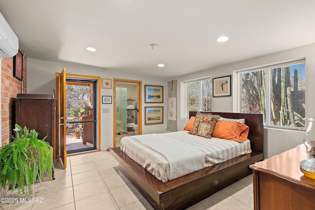 bedroom featuring access to exterior, light tile patterned flooring, recessed lighting, and a wall mounted air conditioner