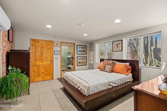 bedroom featuring a wall unit AC, light tile patterned flooring, and recessed lighting