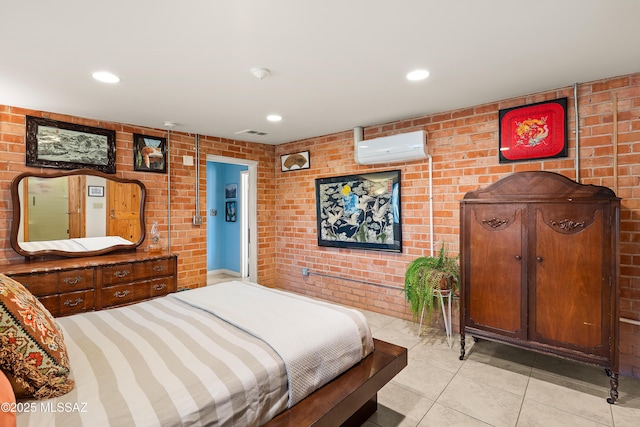 bedroom with visible vents, brick wall, recessed lighting, light tile patterned flooring, and a wall mounted AC