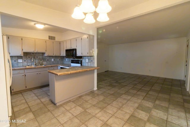 kitchen featuring visible vents, a sink, range with electric stovetop, black microwave, and decorative backsplash