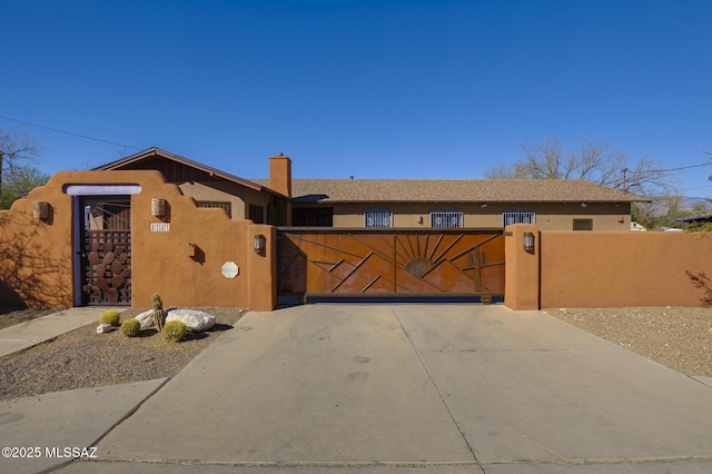 view of front of home with stucco siding, a fenced front yard, a chimney, and a gate