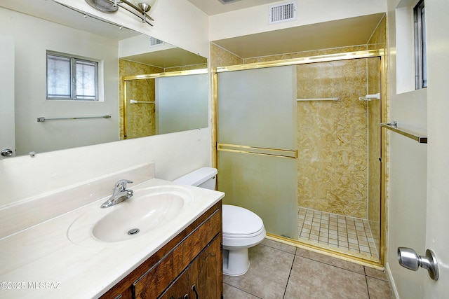 35 E Pastime Rd, Tucson, AZ 85705 - bathroom with a stall shower, visible vents, toilet, tile patterned floors, and vanity