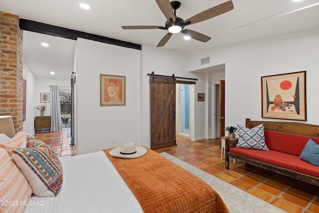 bedroom featuring light tile patterned floors, ceiling fan, a barn door, recessed lighting, and visible vents