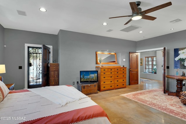 bedroom featuring a ceiling fan, light colored carpet, visible vents, and recessed lighting