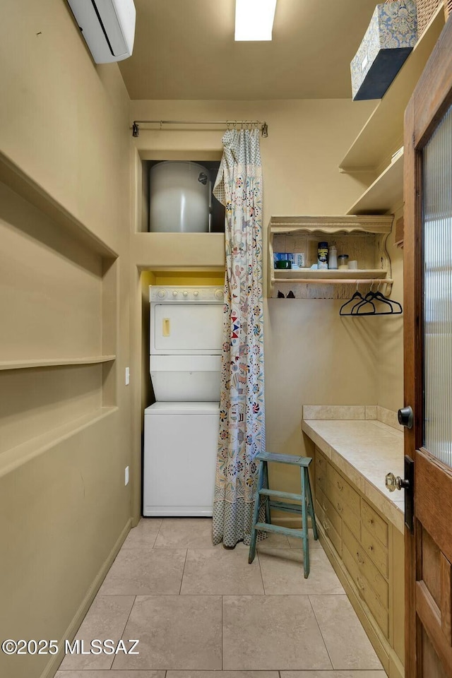 full bathroom with an AC wall unit, curtained shower, stacked washing maching and dryer, and tile patterned floors